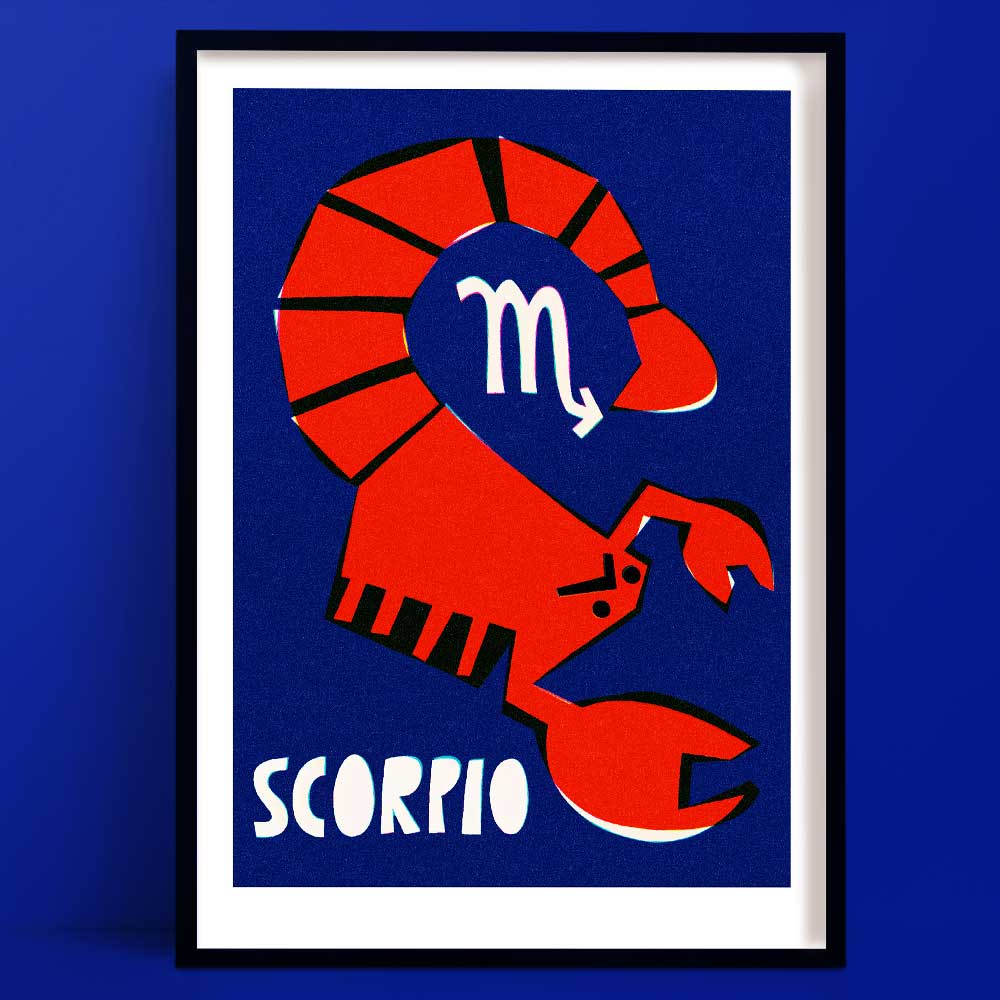 Scorpio zodiac art print featuring a red stylised scorpion with curved tail and zodiac symbol, framed on deep blue wall.
