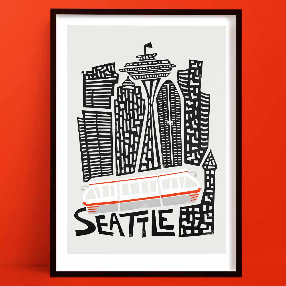 A bold black-and-white line illustration of Seattle’s skyline featuring the iconic Space Needle, with a pop of retro red from the monorail gliding below the text.
