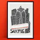 A bold black-and-white line illustration of Seattle’s skyline featuring the iconic Space Needle, with a pop of retro red from the monorail gliding below the text.
