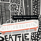 Zoomed-in detail of the Seattle print highlighting the vintage-style monorail in soft red, cutting beneath a stylised skyline and hand-lettered city name.
