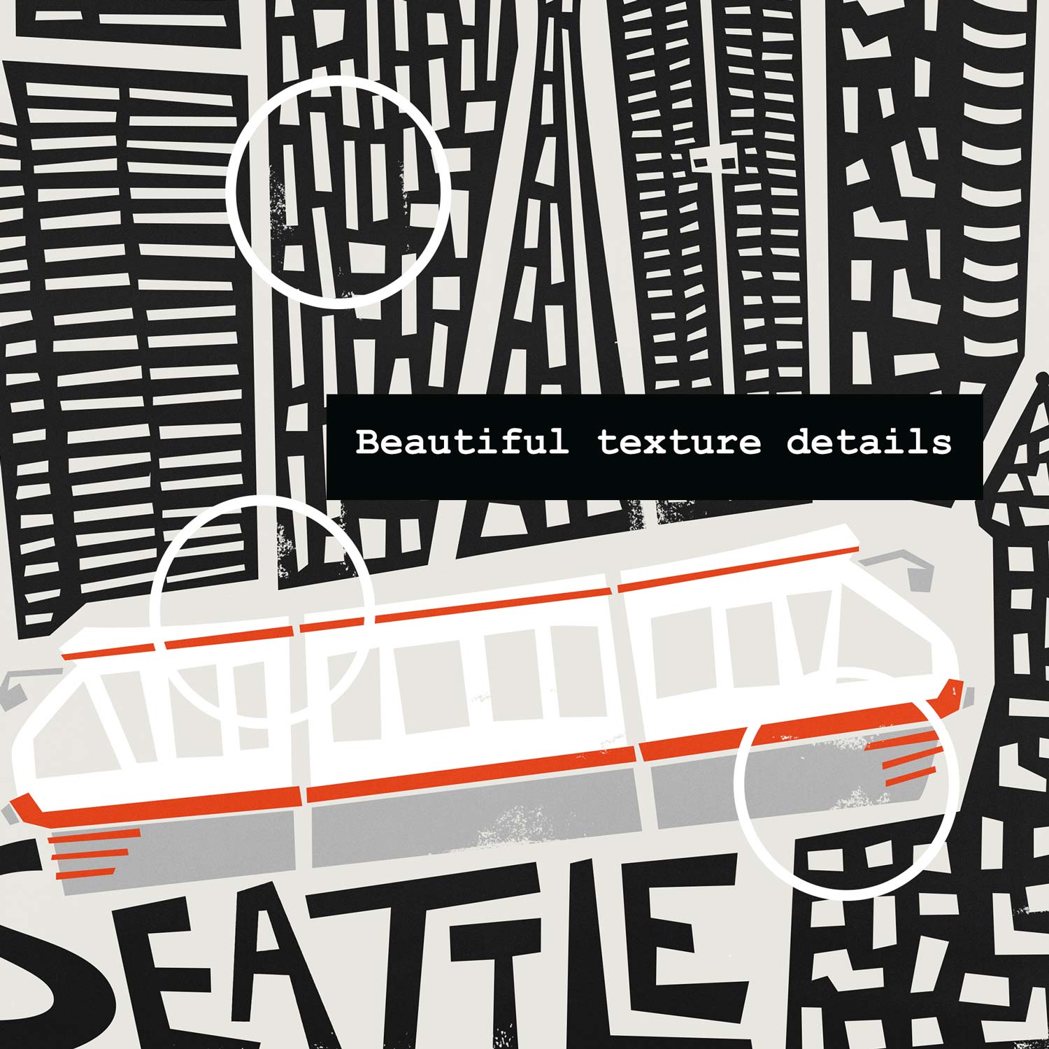 Zoomed-in detail of the Seattle print highlighting the vintage-style monorail in soft red, cutting beneath a stylised skyline and hand-lettered city name.