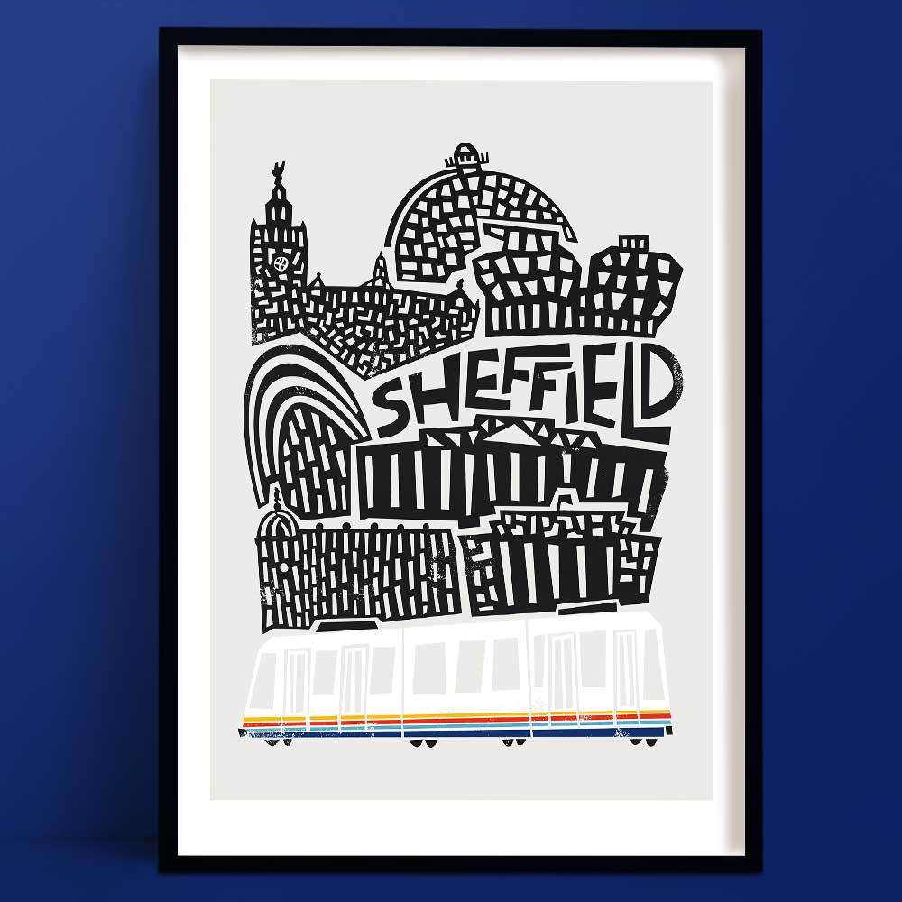 A bold black-and-white illustration of Sheffield’s skyline with abstract architectural landmarks and a detailed tram at the base, symbolising the city’s heritage.