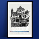 A bold black-and-white illustration of Sheffield’s skyline with abstract architectural landmarks and a detailed tram at the base, symbolising the city’s heritage.