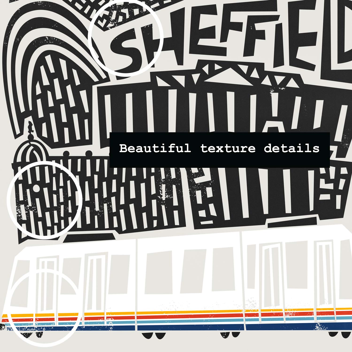 A close-up view of the Sheffield skyline print, highlighting the playful geometric architecture and the word ‘Sheffield’ woven through the city layout.
