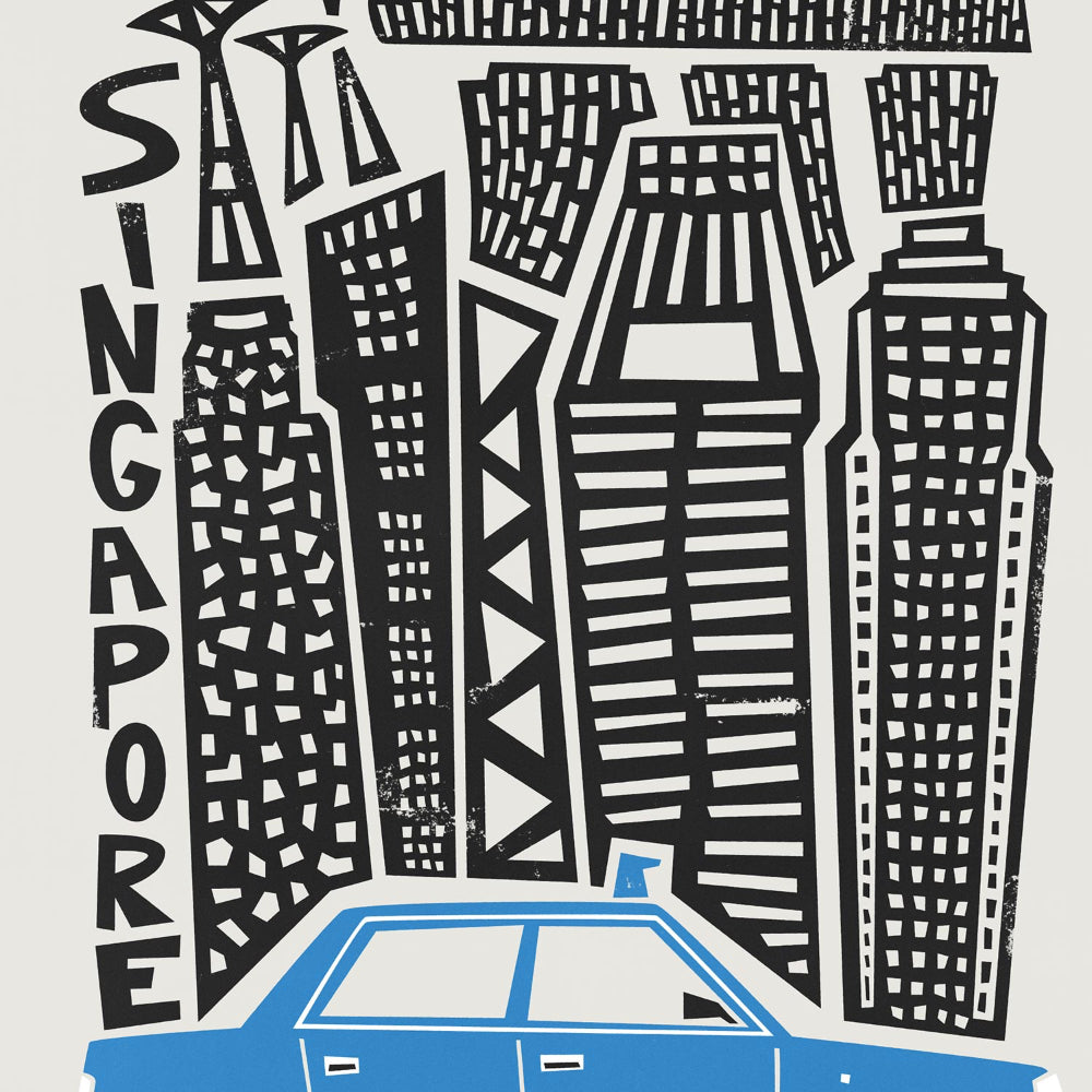 A close-up of the Singapore art print showing geometric skyscrapers and the playful, stylised “SINGAPORE” text.