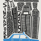 A close-up of the Singapore art print showing geometric skyscrapers and the playful, stylised “SINGAPORE” text.