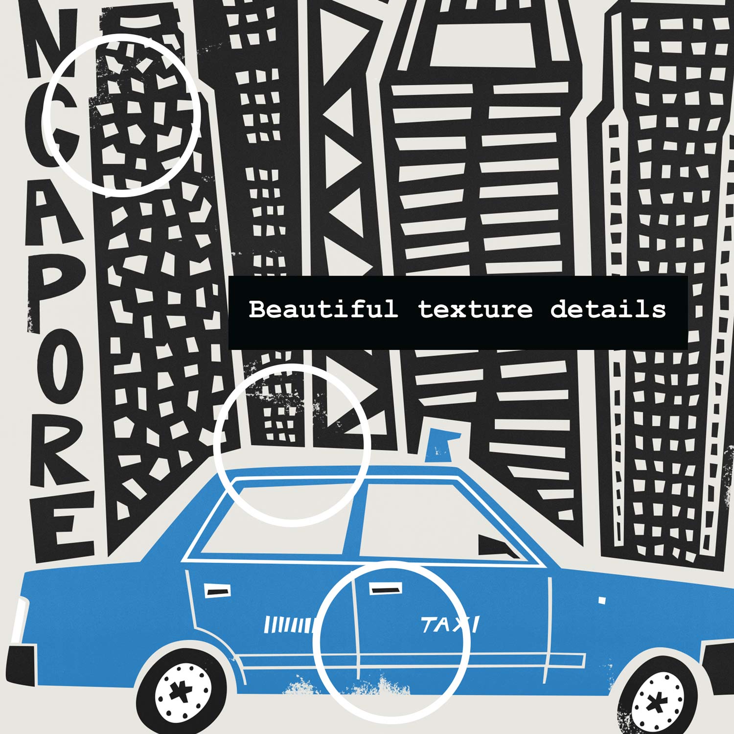 A close-up of the Singapore art print showing geometric skyscrapers and the playful, stylised “SINGAPORE” text.