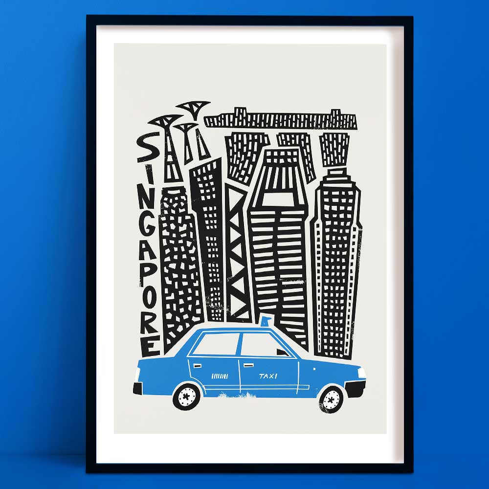 A bold black-and-white line drawing of Singapore’s skyline, with a classic blue taxi parked in the foreground.