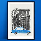 A Singapore print with a bold black-and-white line drawing of Singapore’s skyline, with a classic blue taxi parked in the foreground.