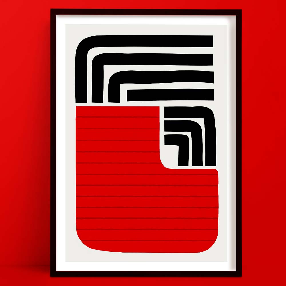 A bold abstract art print featuring a geometric composition of deep red and thick black lines, forming structured arcs and layers in a clean white frame.
