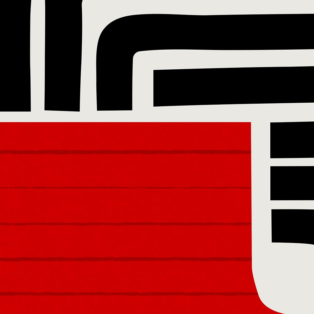 Close-up of the Sol print showing curved black lines folding into layered red blocks, revealing the crisp contrast and subtle texture of the hand-drawn forms.
