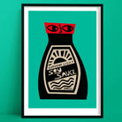 Soy Sauce art print featuring a black bottle with red lid, stylised label and graphic face, framed on green wall.