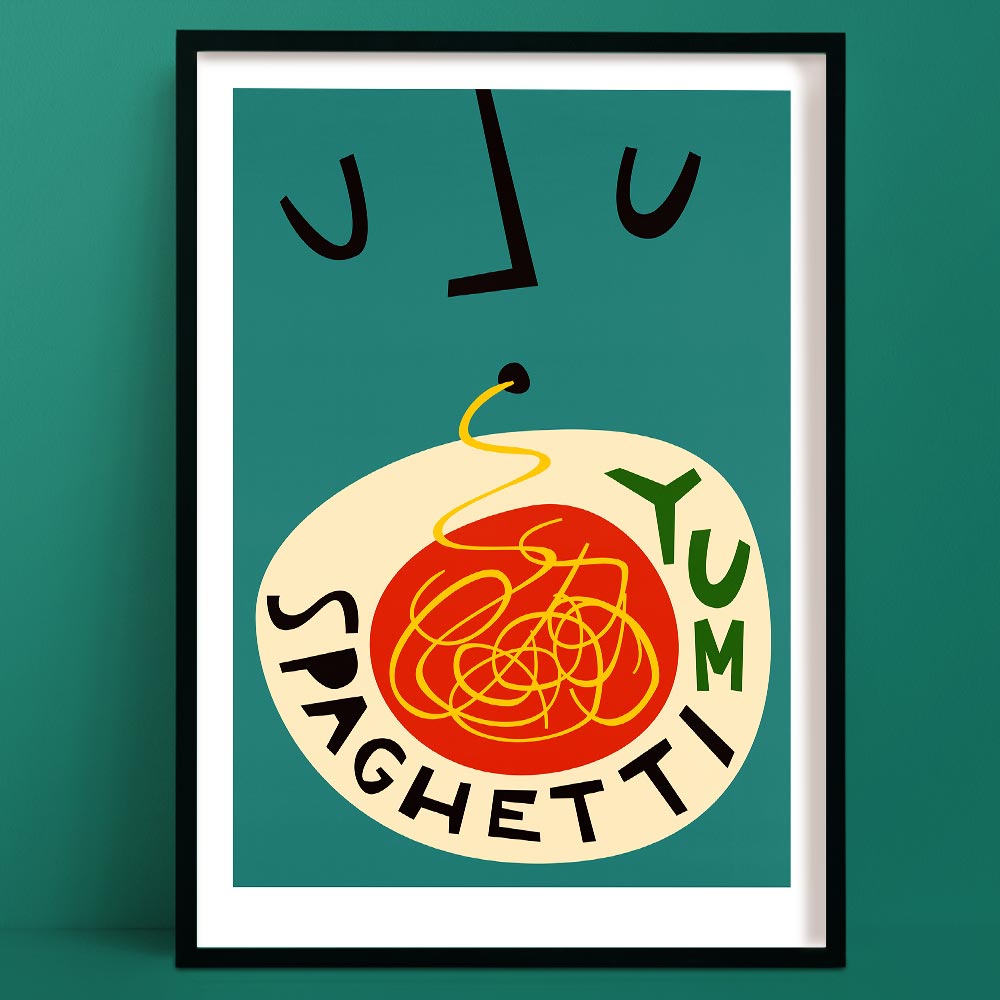 A playful illustration of a person slurping up spaghetti, with stylised facial features above a bold plate of tangled noodles and the word “YUM.”