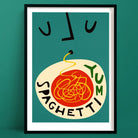 A playful illustration of a person slurping up spaghetti, with stylised facial features above a bold plate of tangled noodles and the word “YUM.”
