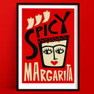 Bold and playful illustration of a stylised margarita glass doubling as a fierce, red-lipped face wearing a crown of chilli peppers, with ‘Spicy Margarita’ in vibrant typography.
