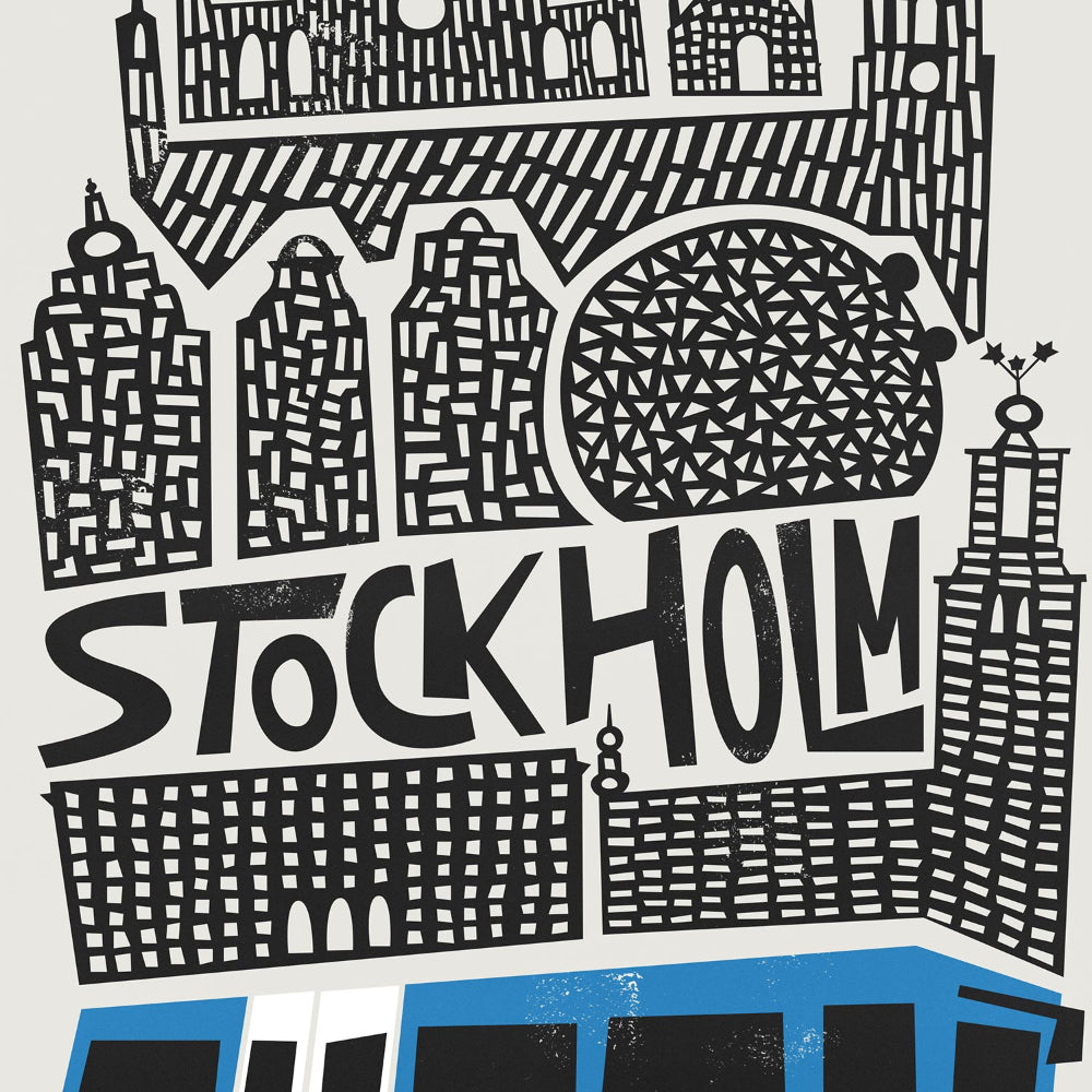 A close-up of the Stockholm poster showing the intricate architectural drawing and expressive lettering spelling “Stockholm.”