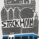 A close-up of the Stockholm poster showing the intricate architectural drawing and expressive lettering spelling “Stockholm.”