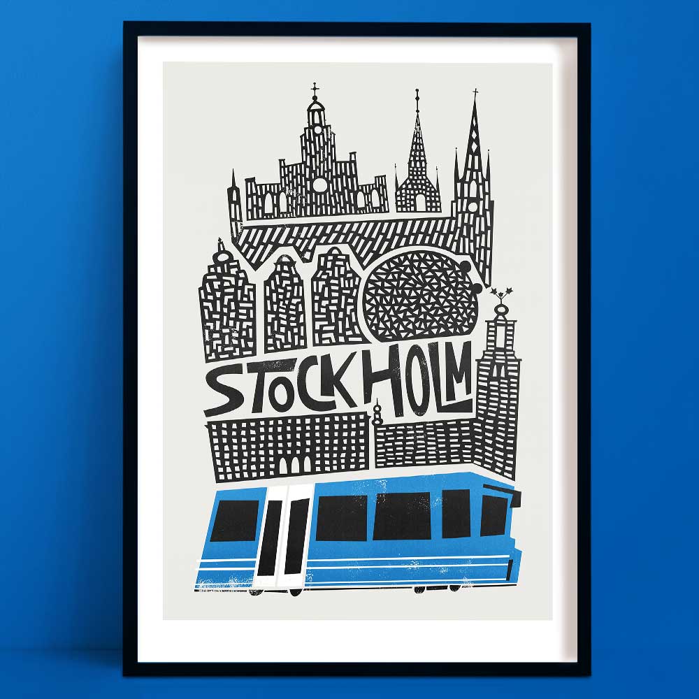 A hand-drawn black and white Stockholm skyline print with detailed buildings and a bold blue tram crossing the foreground.