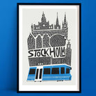 A hand-drawn black and white Stockholm skyline print with detailed buildings and a bold blue tram crossing the foreground.