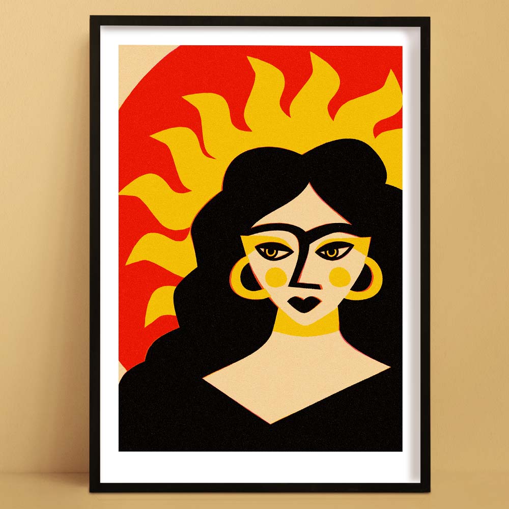 Sun Goddess art print in black frame, bold retro portrait with sunburst hair and warm tones.