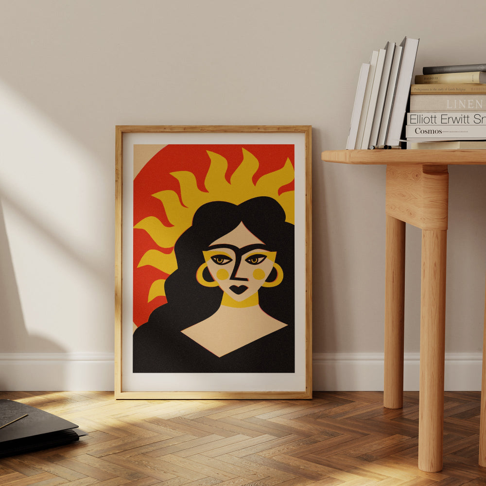 Sun Goddess print styled against a white wall beside a wooden desk, perfect for modern interiors