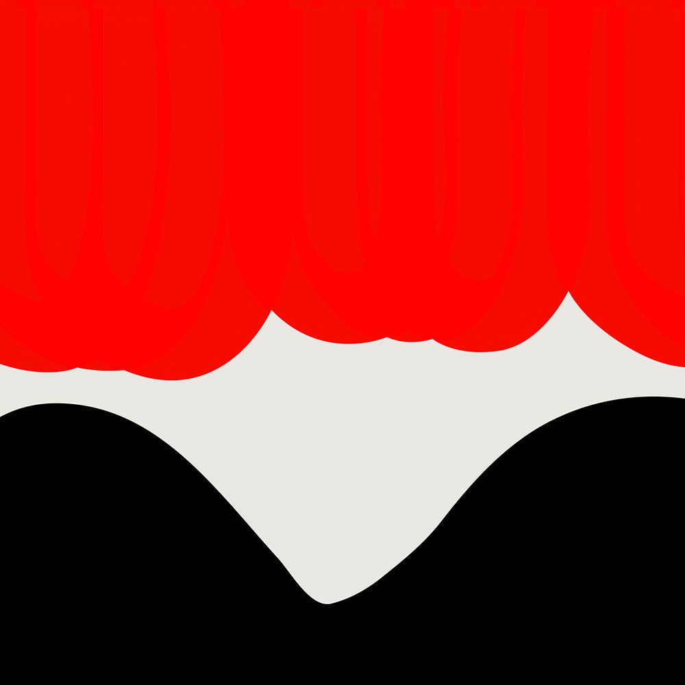 Close-up of the Sundown print showing the curved red and black shapes with textured brush-like edges, creating a sense of slow movement and transition.
