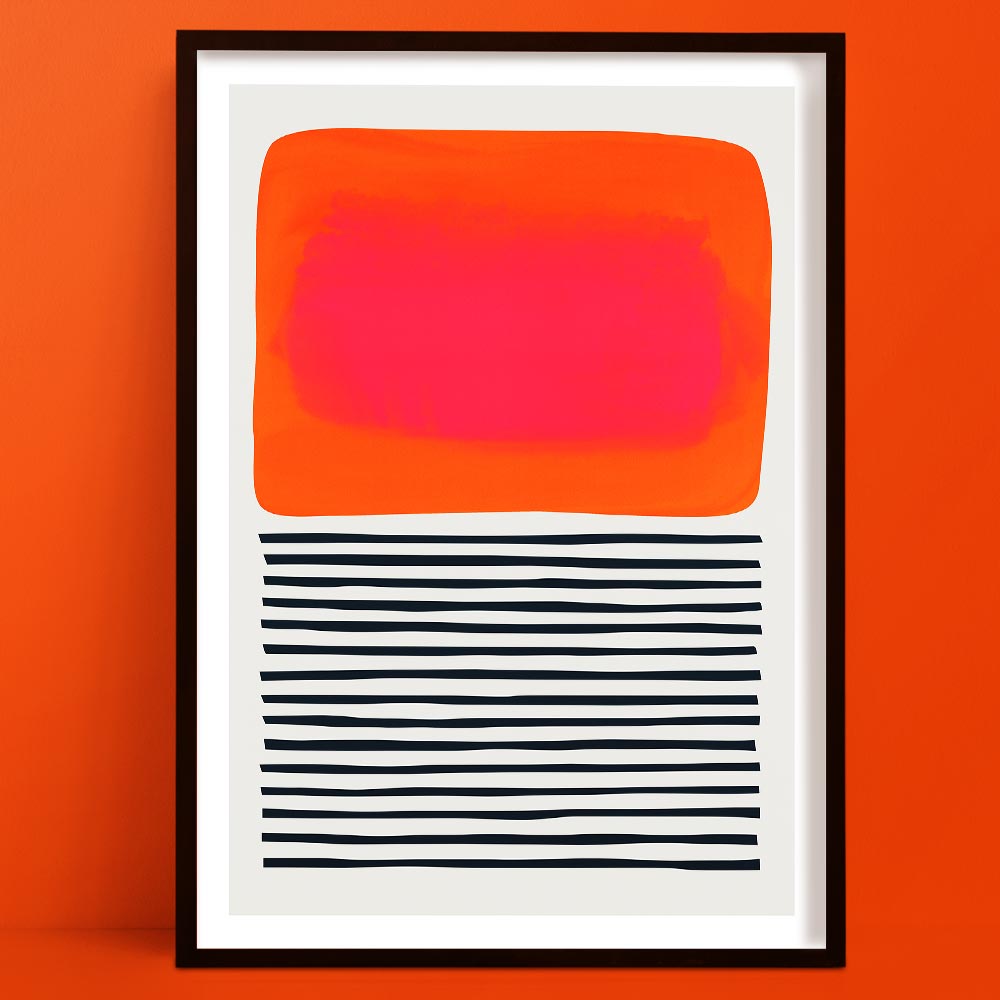 Abstract art print with a glowing coral-orange block hovering over layered black lines.
