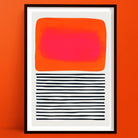 Abstract art print with a glowing coral-orange block hovering over layered black lines.