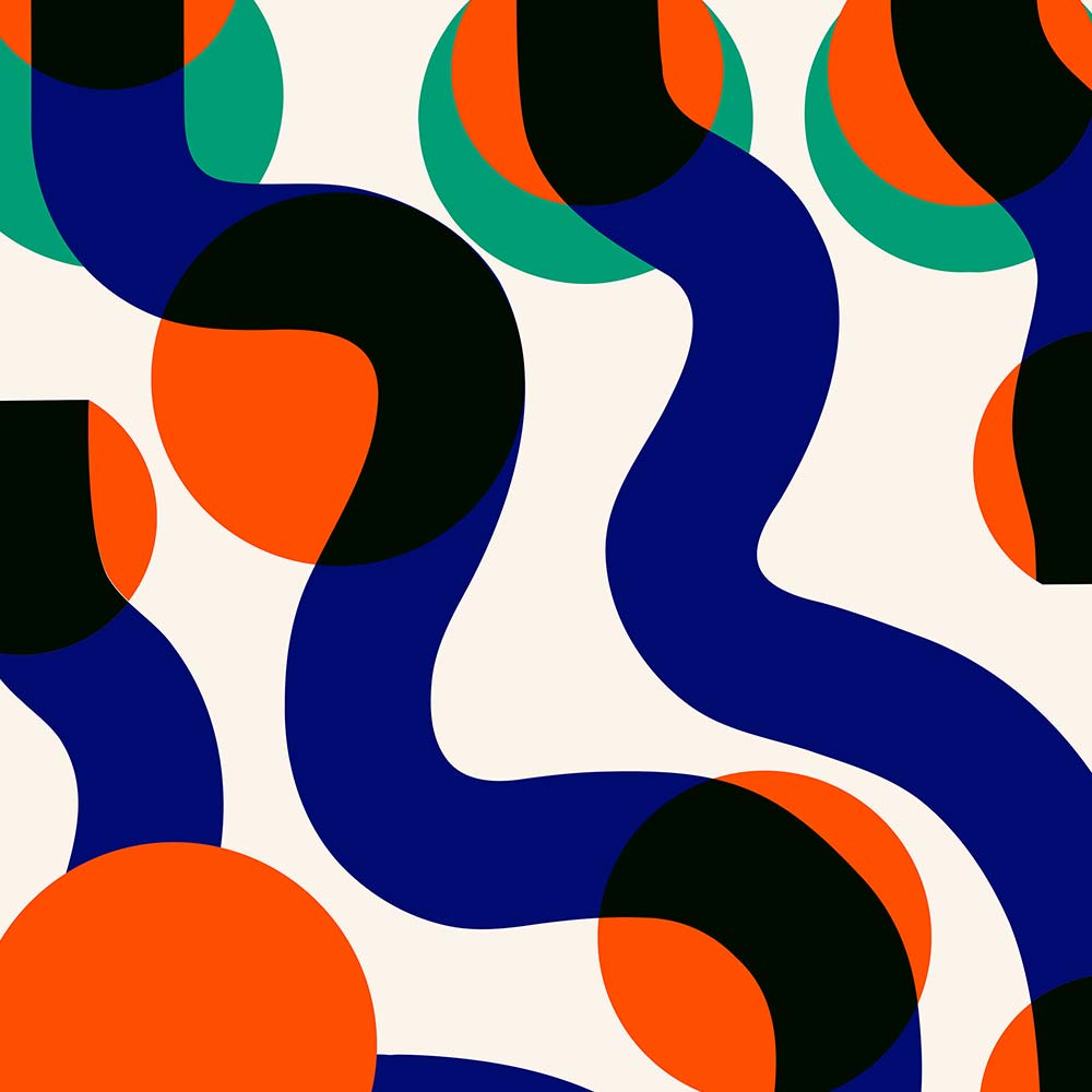 Close-up detail of Surfin Waves showcasing the overlapping layers of deep blue swirls and graphic circles in orange and sea green, evoking movement and coastal vibes.
