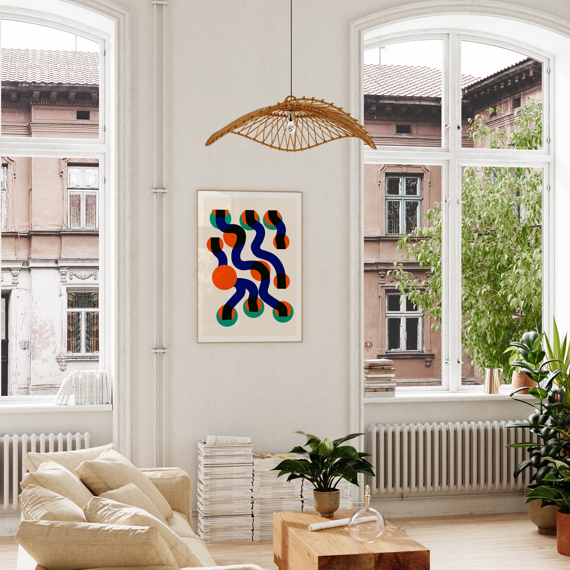 Surfin Waves art print hanging above a neutral-toned sofa, its abstract pattern bringing bold visual interest and playful retro-modern flair to the room.
