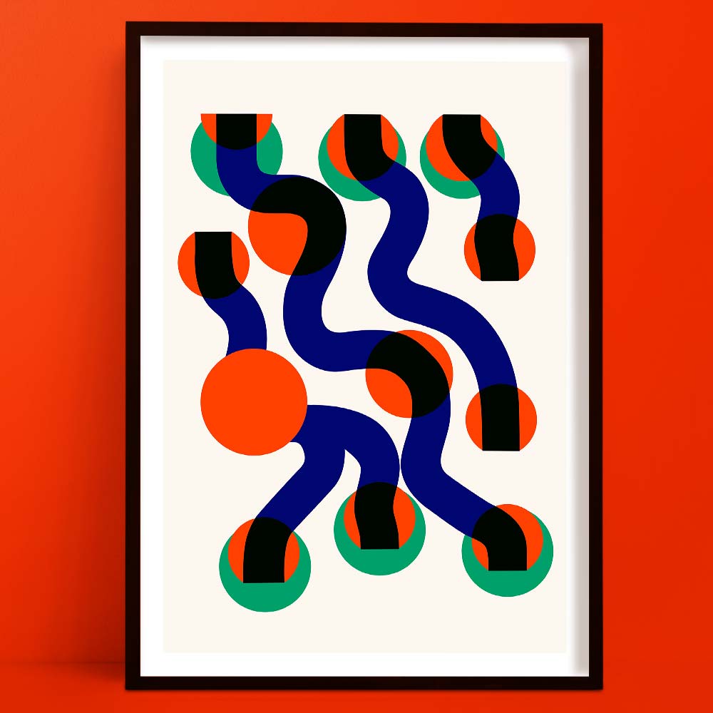 A bold and playful abstract art print titled “Surfin Waves,” featuring undulating navy curves interlaced with vibrant orange and green halftone circles on a cream base.
