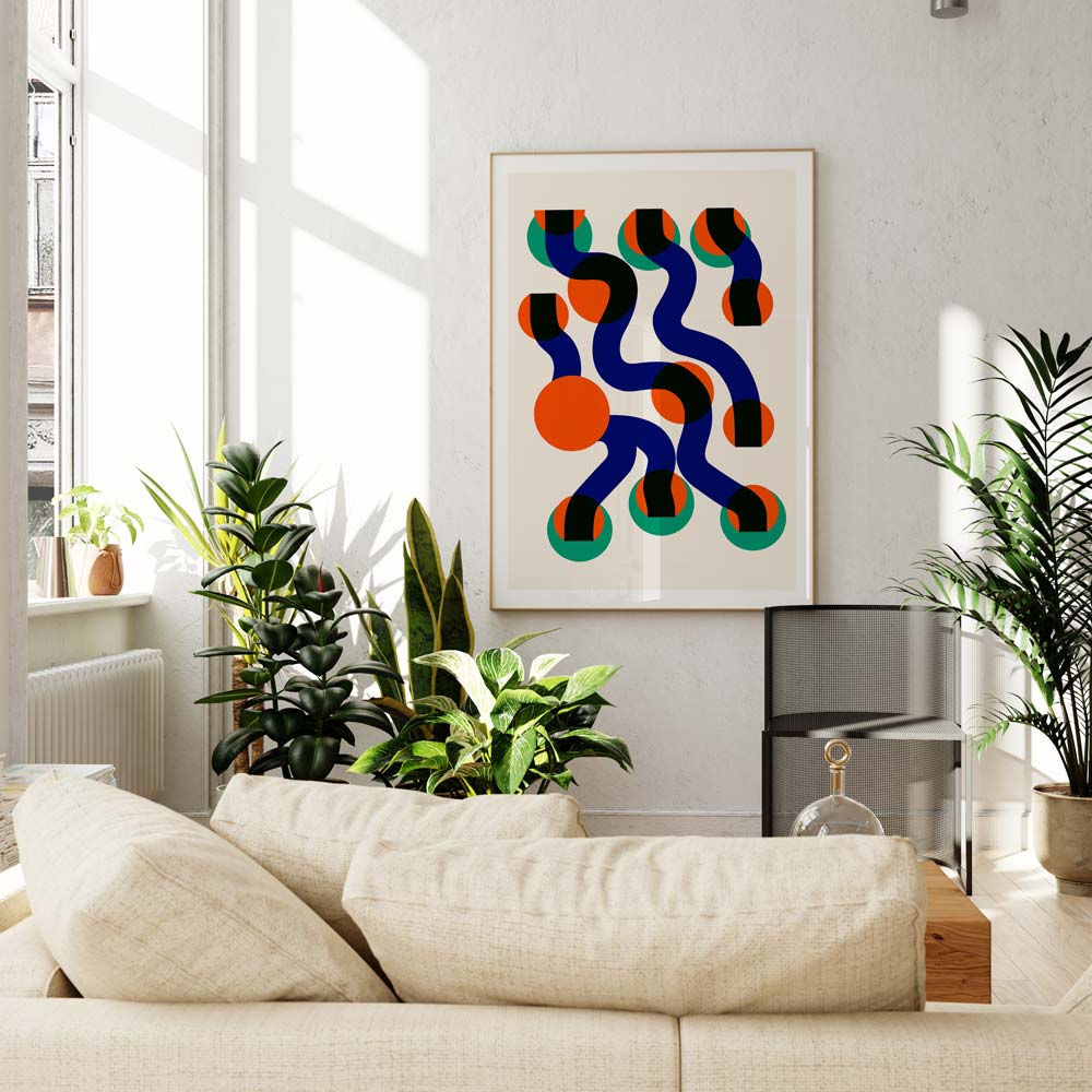 The Surfin Waves print styled in a bright, modern interior, adding dynamic energy with its rhythmic wave forms and punchy contrasting colours.
