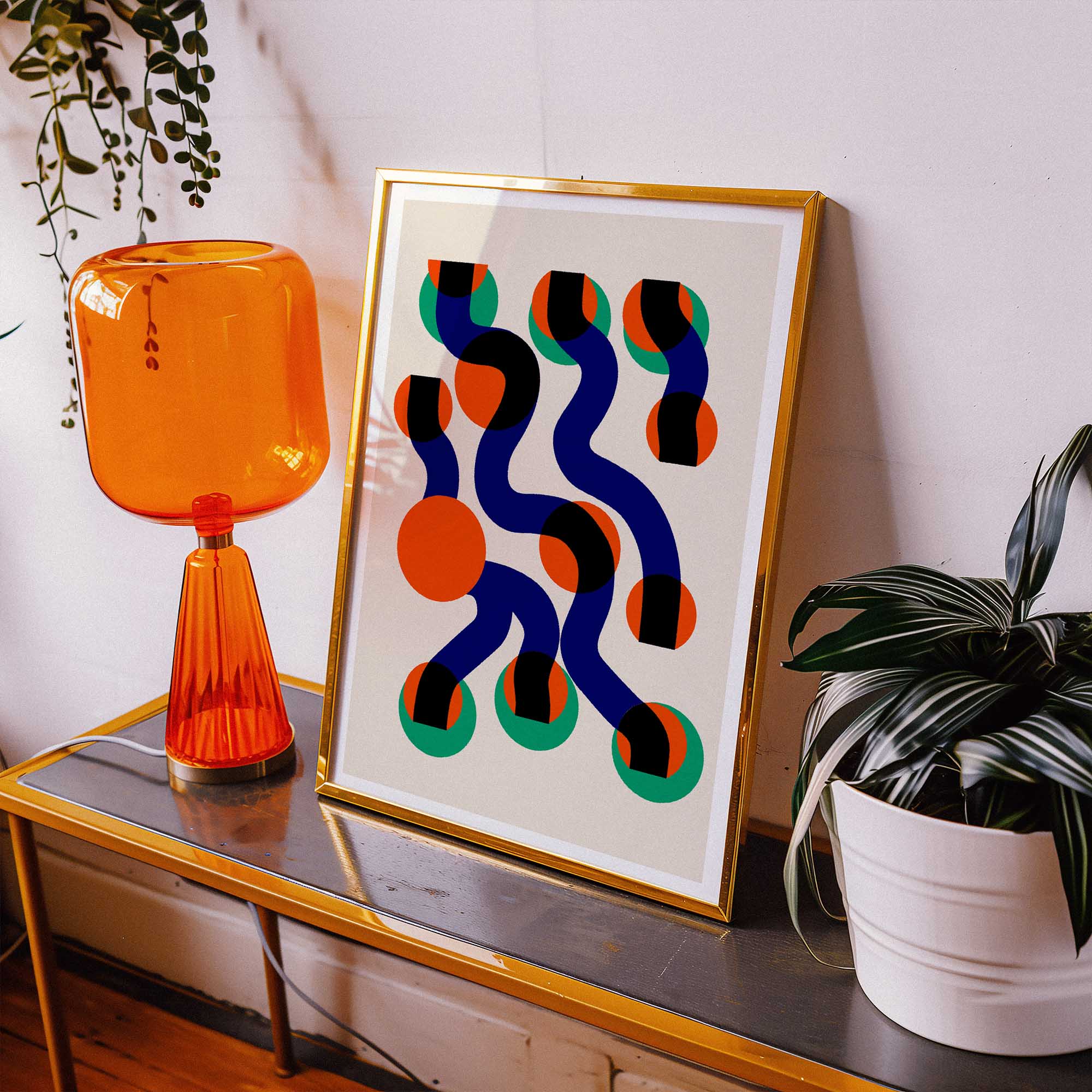The Surfin Waves print styled in a bright, modern interior, adding dynamic energy with its rhythmic wave forms and punchy contrasting colours.