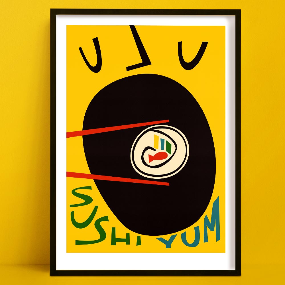 A bold graphic print of a person joyfully eating sushi, with expressive facial lines and oversized red chopsticks lifting a perfect sushi roll.