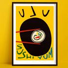 A bold graphic print of a person joyfully eating sushi, with expressive facial lines and oversized red chopsticks lifting a perfect sushi roll.