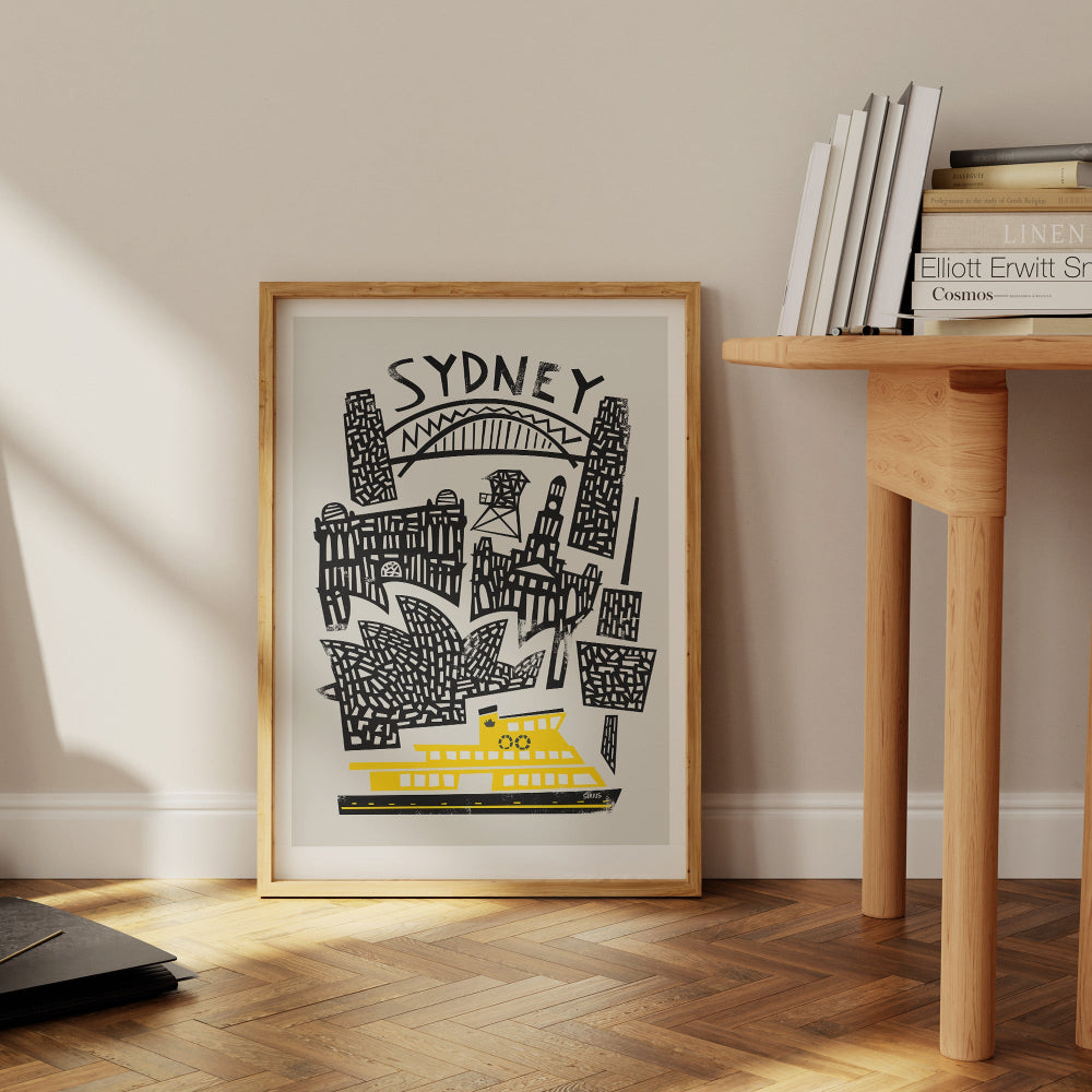 Framed Sydney cityscape poster bringing bold colour to a modern room.