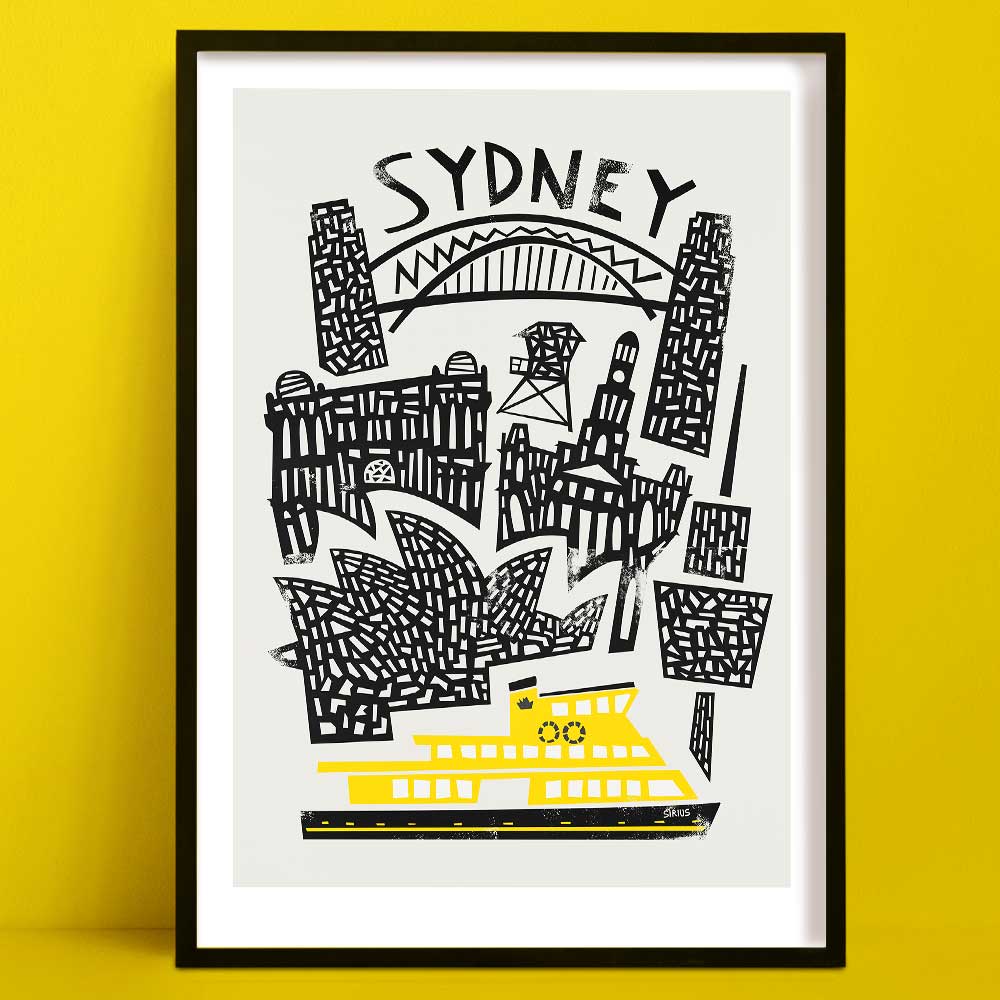 Sydney city art print — bold mid-century illustration of Harbour Bridge and Opera House by Fox & Velvet