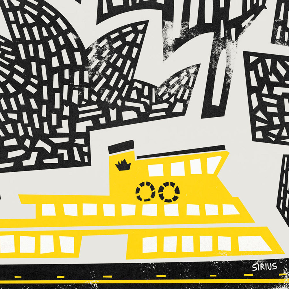 Vibrant graphic of Sydney Opera House in a sunset palette, close-up from city print.