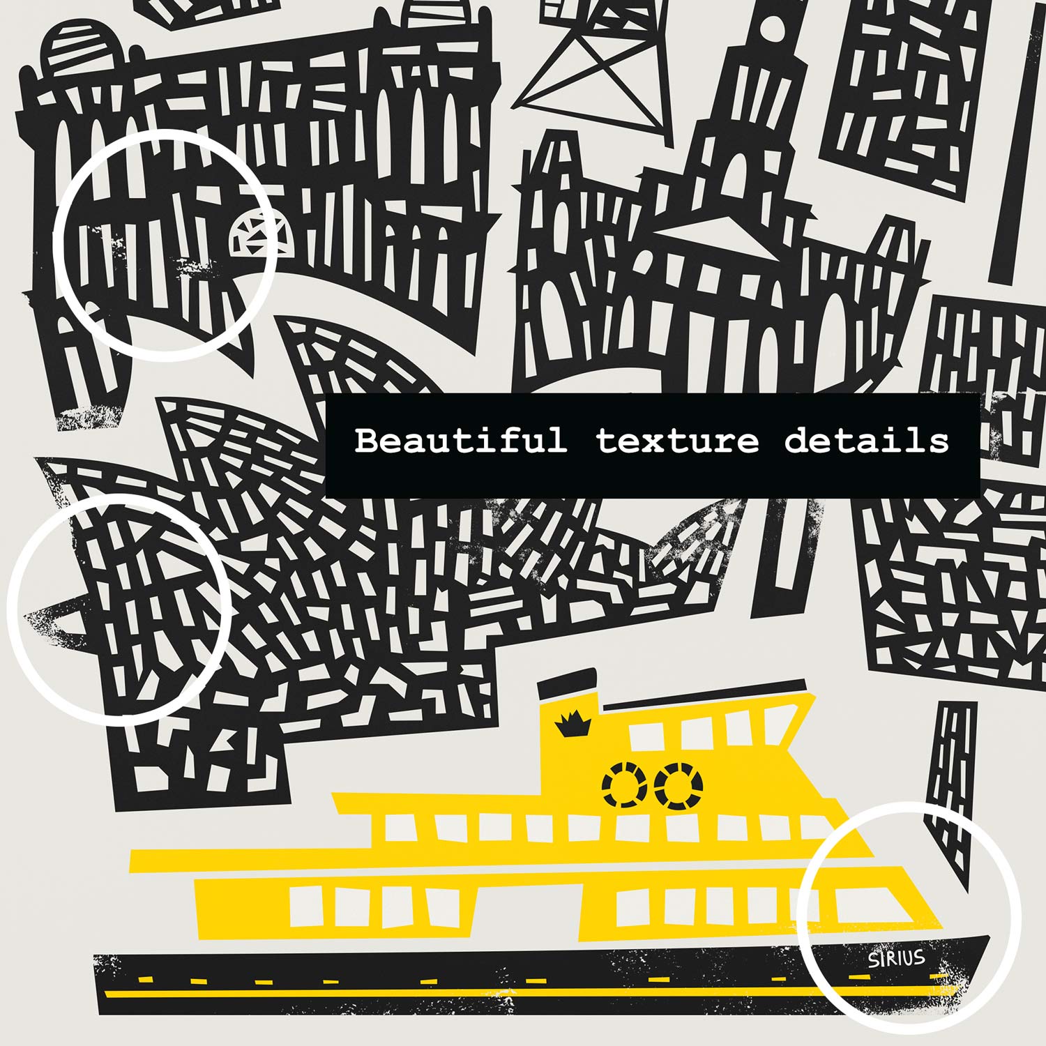 Vibrant graphic of Sydney Opera House in a sunset palette, close-up from city print.
