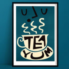 Stylised face enjoying a hot cup of tea with rising steam and bold, playful lettering.