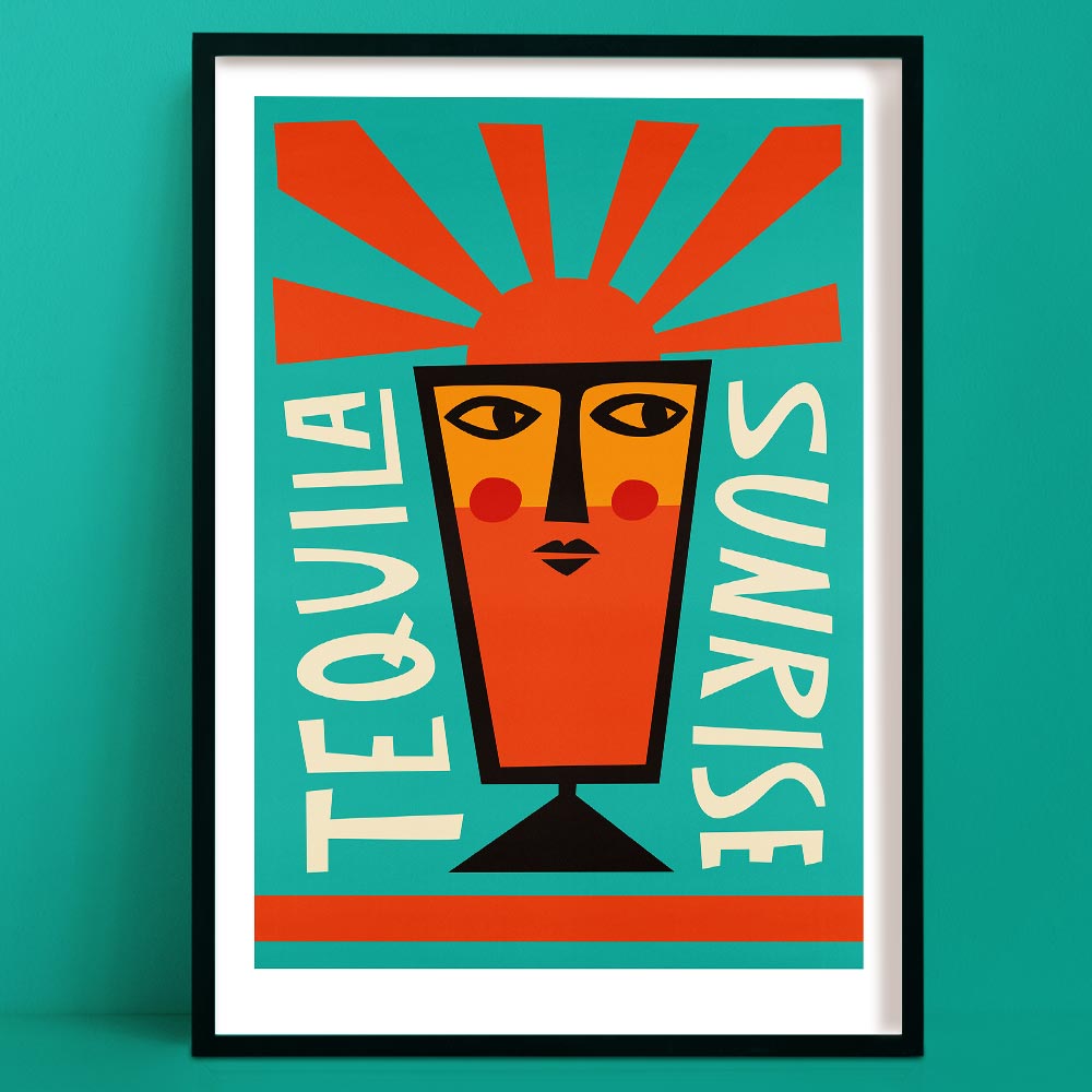 Tequila Sunrise cocktail art print with bold face illustration and radiant red-orange sunbeams on teal background
