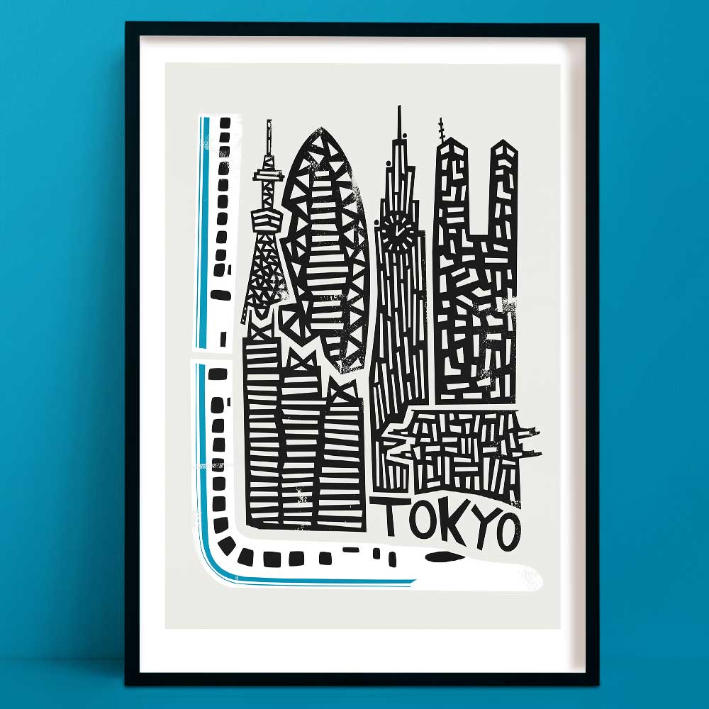 Bold hand-drawn Tokyo skyline poster featuring iconic towers like Tokyo Skytree and Mode Gakuen Cocoon Tower, with a minimalist blue bullet train looping around the edge.