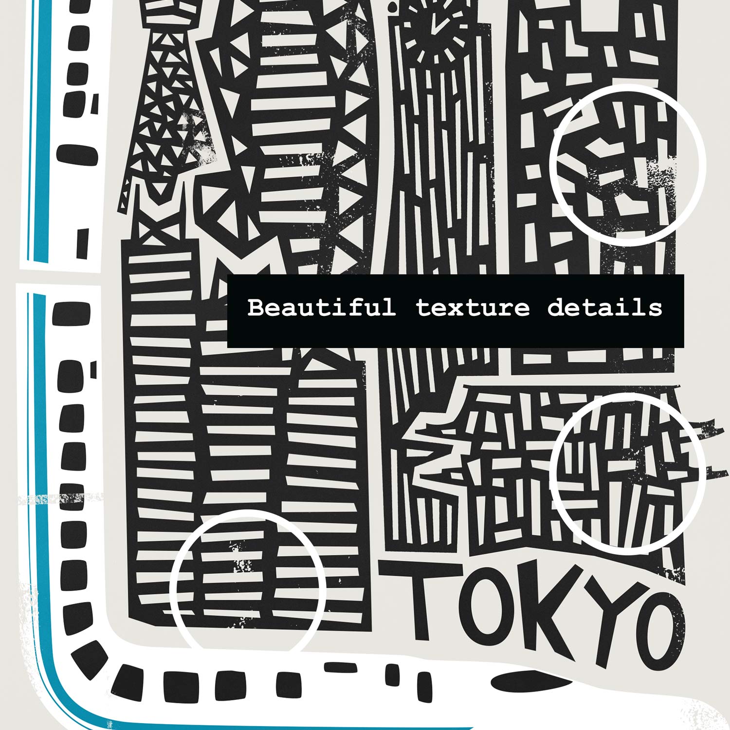 Detailed close-up of the Tokyo poster highlighting the stylised architecture and curved border mimicking a transit map or bullet train track.