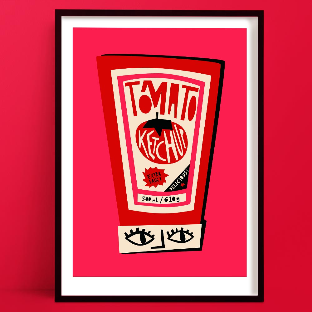 Tomato Ketchup art print featuring a red squeeze bottle with graphic face label, framed on a bright red wall.