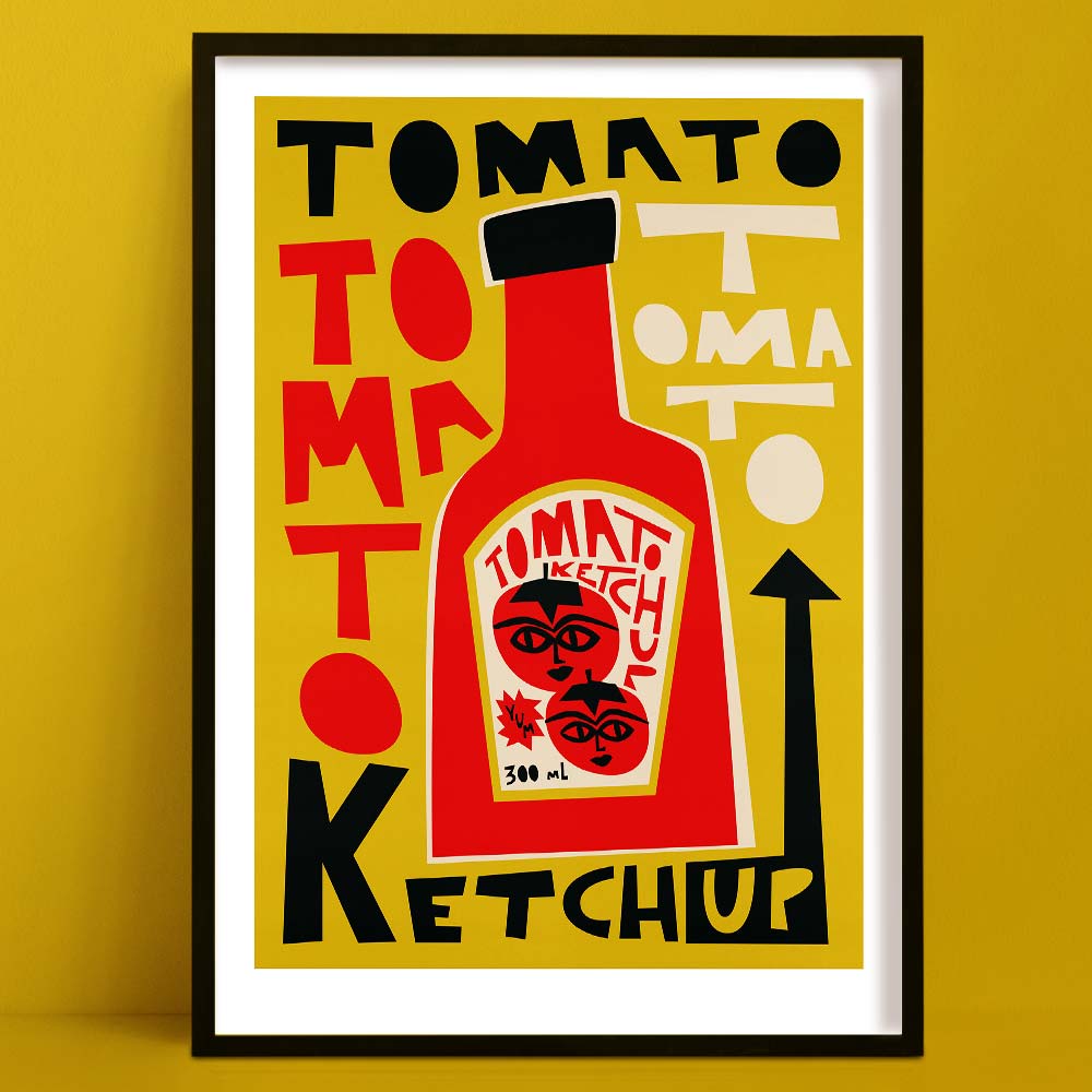 A bold and playful art print featuring a stylised ketchup bottle surrounded by scattered retro-style lettering spelling “TOMATO KETCHUP” in various sizes and fonts.
