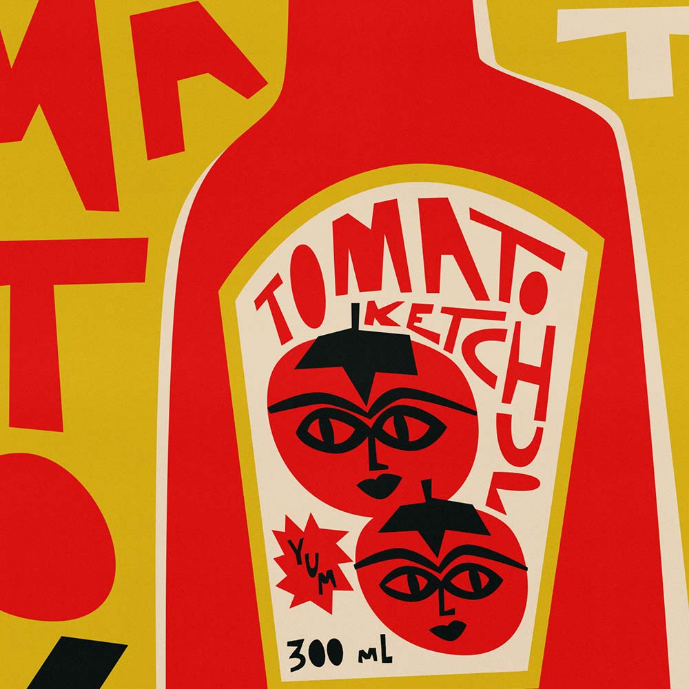 Close-up of the print showing the illustrated ketchup bottle with expressive eyes and a cheeky smile on its label, giving the piece a surreal and quirky personality.

