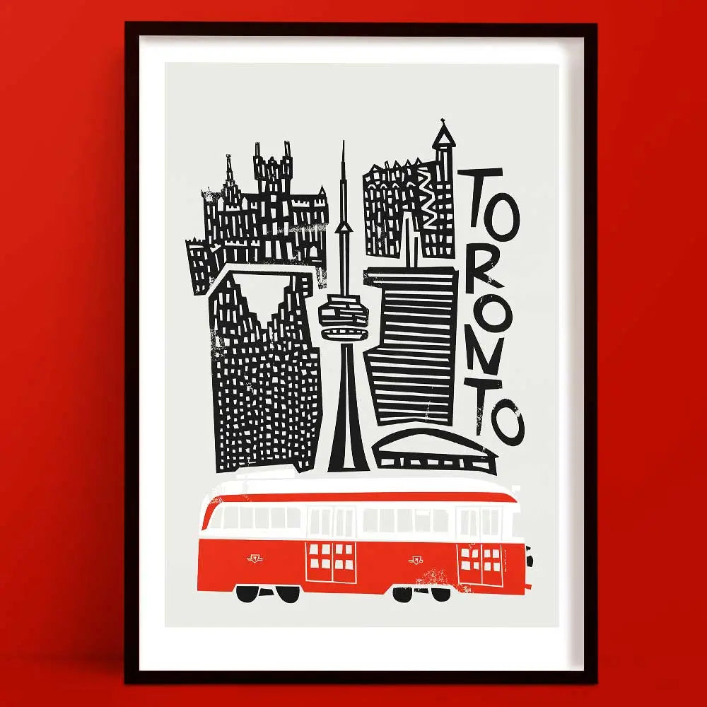 Playful Toronto skyline illustration featuring the CN Tower and classic red streetcar, rendered in a bold black and red mid-century-inspired graphic style.
