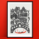 Hand-drawn art print of Venice featuring iconic bridges, domes, and a bright red gondola, all rendered in a whimsical, graphic style on a crisp white background.