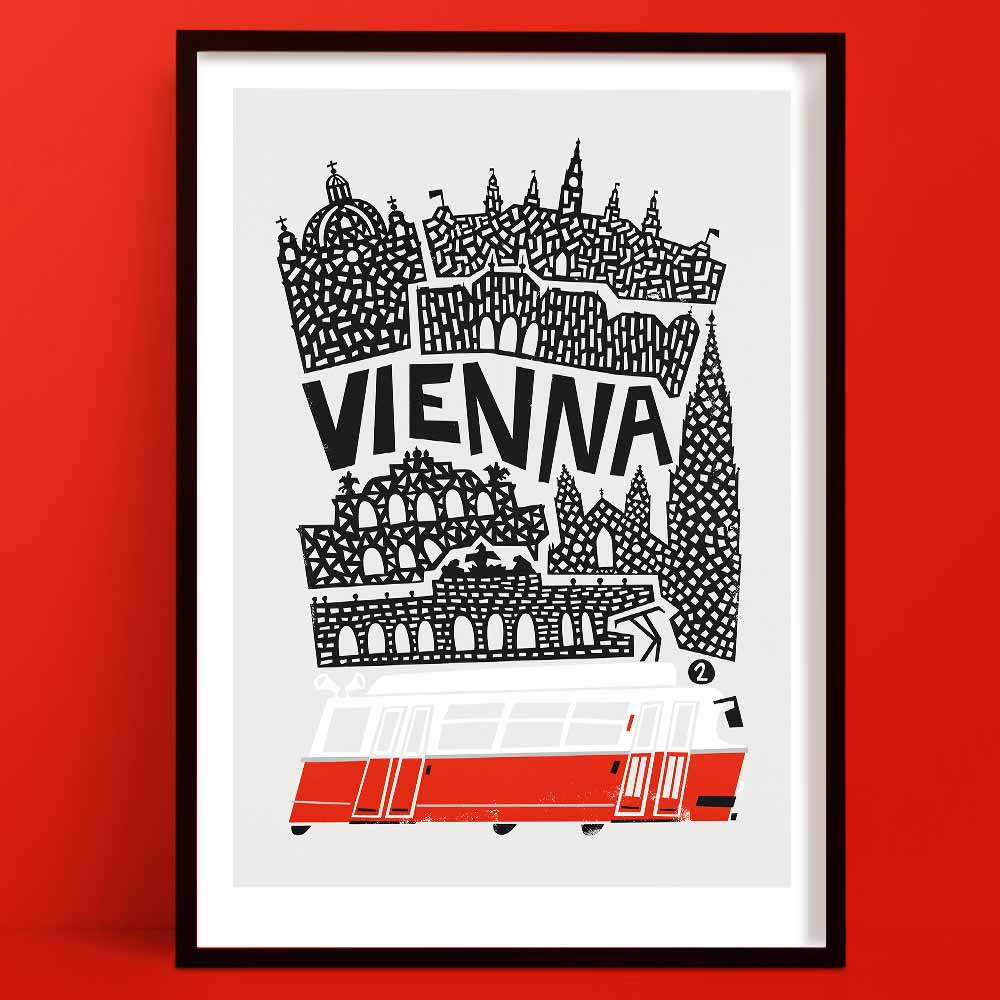 A black and white illustrated print of Vienna’s skyline, featuring iconic architecture and a red city tram.