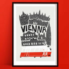 A black and white illustrated print of Vienna’s skyline, featuring iconic architecture and a red city tram.